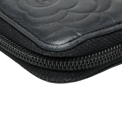 Chanel Coco Mark Camellia Round Zipper Long Wallet Black Lambskin Ladies Chanel