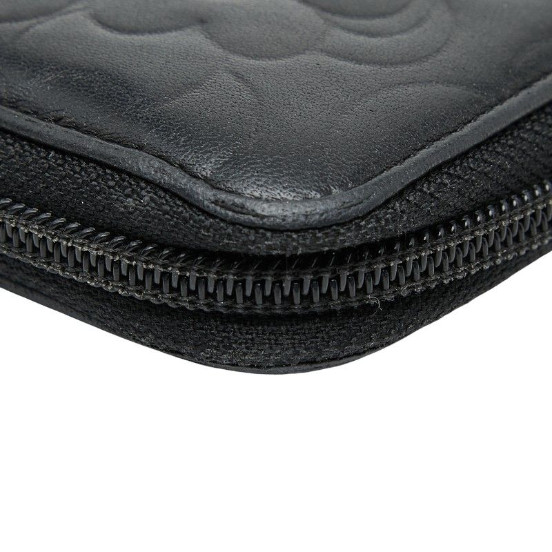 Chanel Coco Mark Camellia Round Zipper Long Wallet Black Lambskin Ladies Chanel