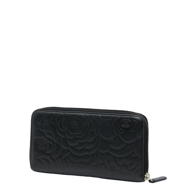 Chanel Coco Mark Camellia Round Zipper Long Wallet Black Lambskin Ladies Chanel