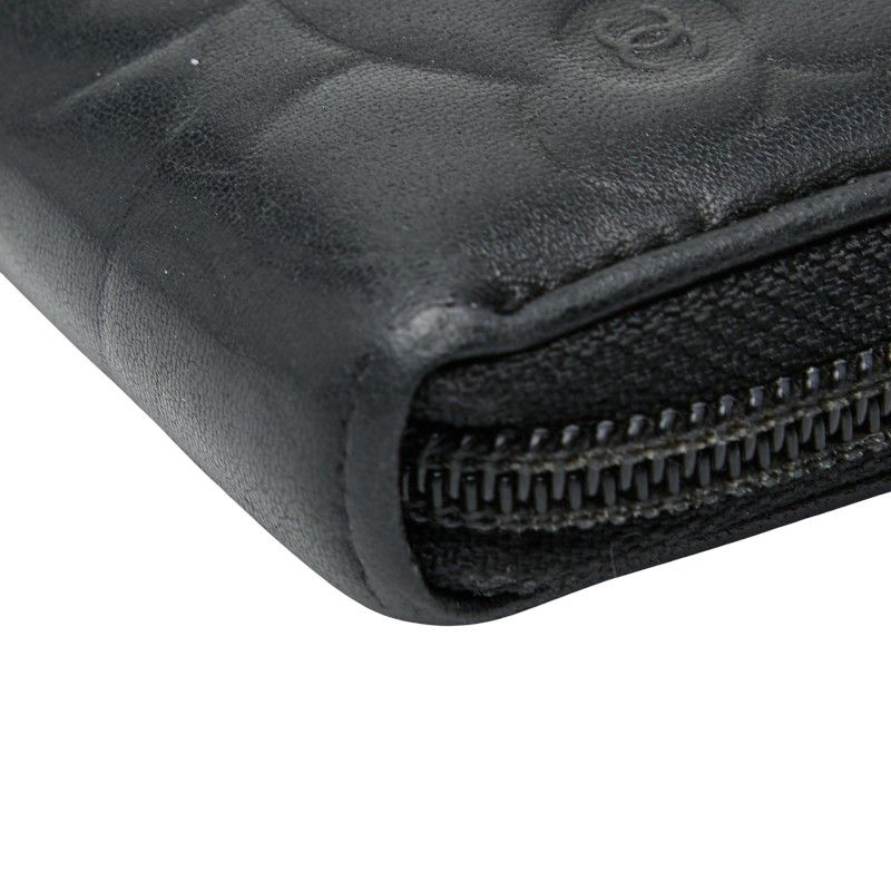 Chanel Coco Mark Camellia Round Zipper Long Wallet Black Lambskin Ladies Chanel