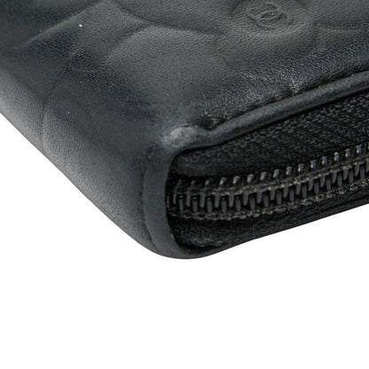Chanel Coco Mark Camellia Round Zipper Long Wallet Black Lambskin Ladies Chanel