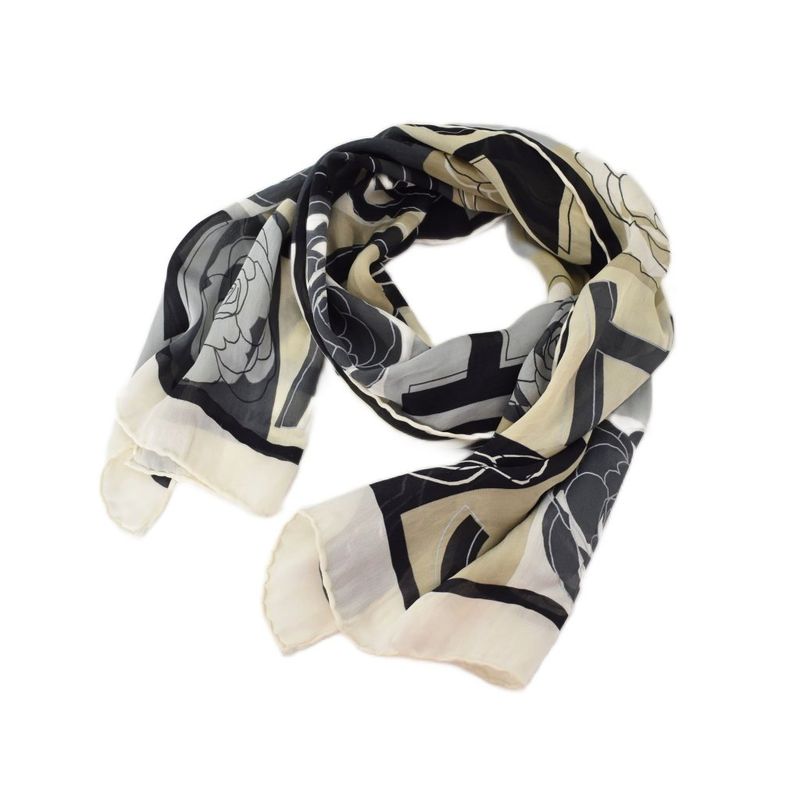 Chanel Camellia Long Scarf Silk Gray AA