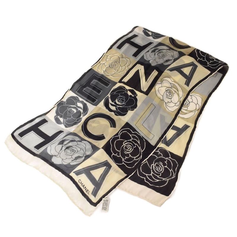 Chanel Camellia Long Scarf Silk Gray AA