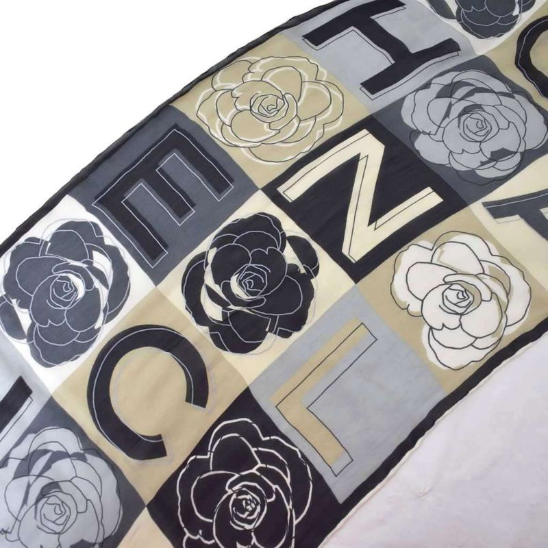 Chanel Camellia Long Scarf Silk Gray AA