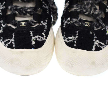 Chanel CC Logo Tweed Lace-Up Sneakers Ig39500 Black White 36