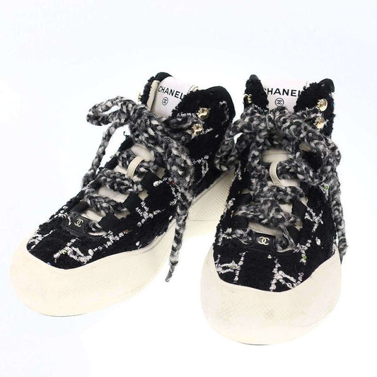 Chanel CC Logo Tweed Lace-Up Sneakers Ig39500 Black White 36