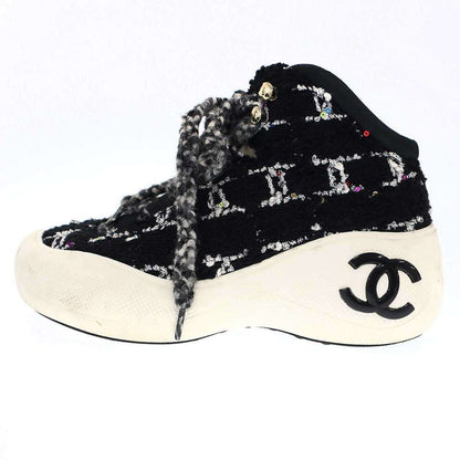 Chanel CC Logo Tweed Lace-Up Sneakers Ig39500 Black White 36