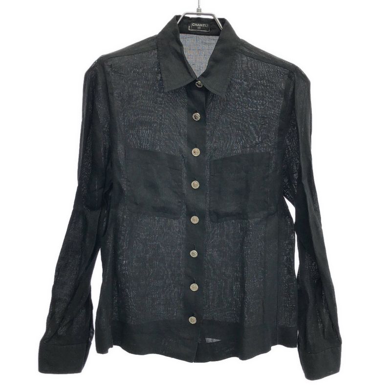 Chanel Vintage Coco Mark Button Linen Shirt Blouse C-Tk5914 Black