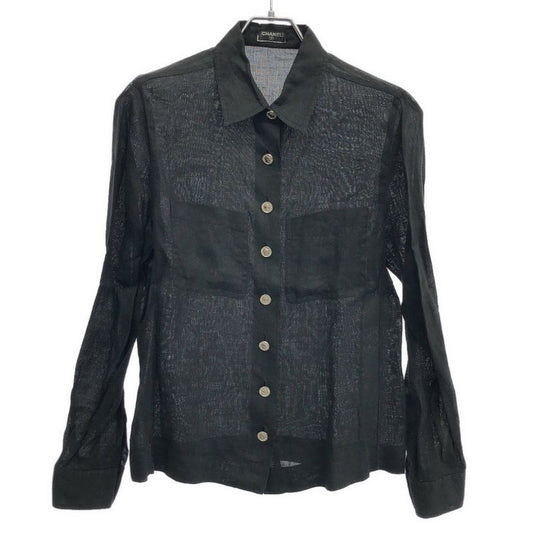 Chanel Vintage Coco Mark Button Linen Shirt Blouse C-Tk5914 Black