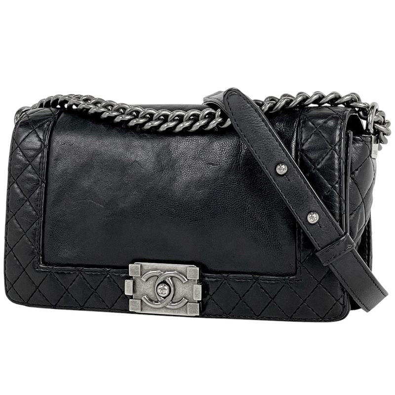 Chanel Boy Chanel Chain Shoulder Bag Coco Mark Shoulder Bag Leather Black Women