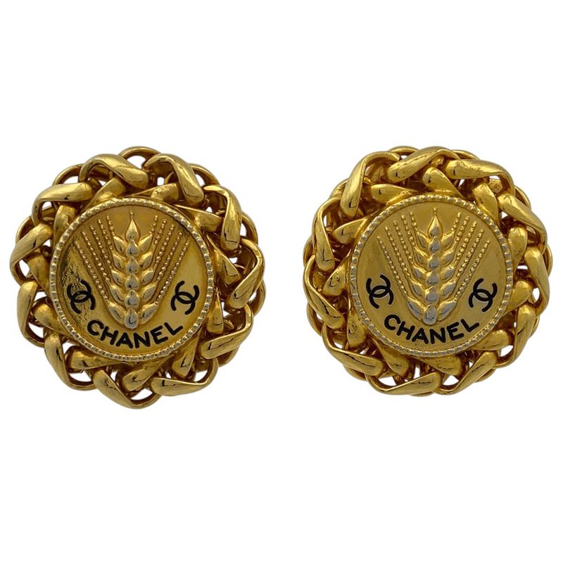 Chanel Design Earrings CC Mark Wheat Ear Round Earrings GP Gold Ladies