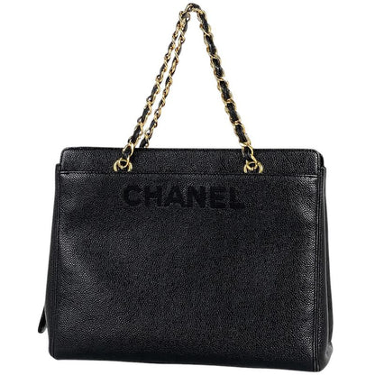Chanel Logo Chain Tote Handbag Tote Leather Black A08913 Women