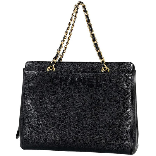 Chanel Logo Chain Tote Handbag Tote Leather Black A08913 Women