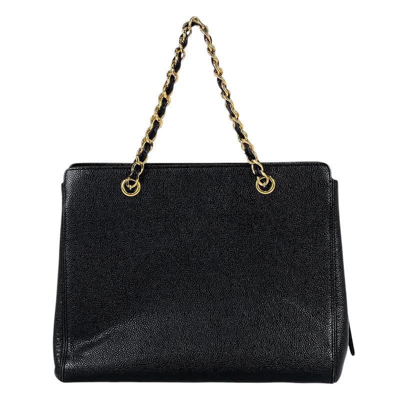 Chanel Logo Chain Tote Handbag Tote Leather Black A08913 Women