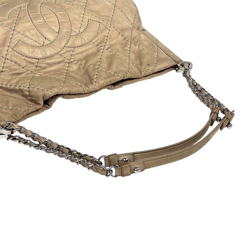 Chanel Coco Mark Chain Tote Shoulder Bag Tote Leather Beige Women