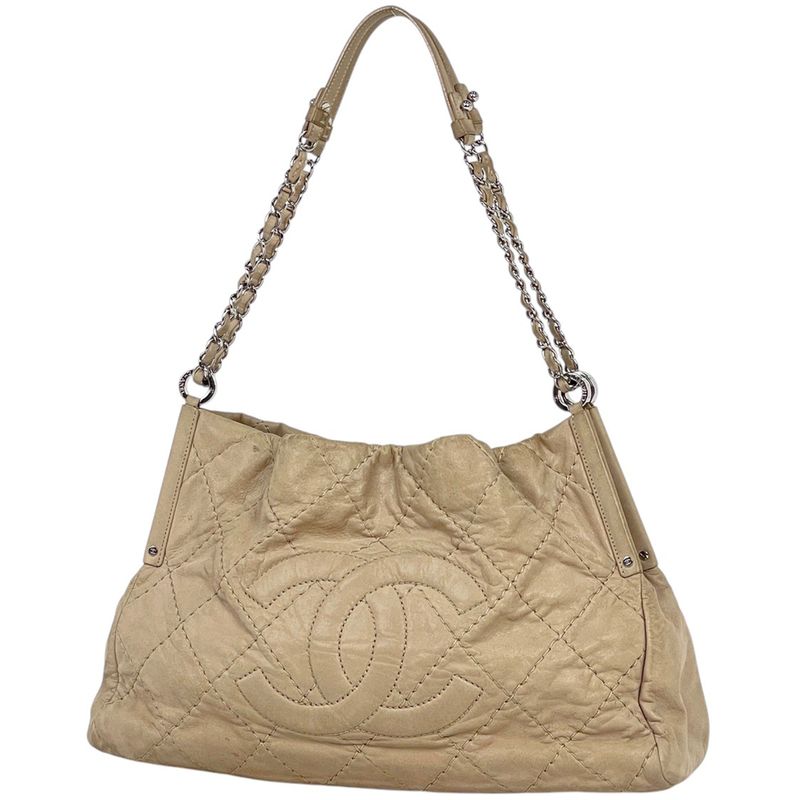 Chanel Coco Mark Chain Tote Shoulder Bag Tote Leather Beige Women