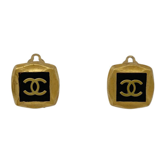 Chanel Coco Mark Earrings Square Earrings GP Gold Black Ladies
