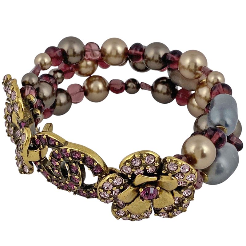 Chanel Coco Mark Rhinestone Bracelet Bangle Camellia Bracelet GP Gold Ladies