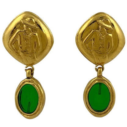 Chanel Coco Chanel Colored Stone Earrings Swing Earrings GP Gold Green Ladies