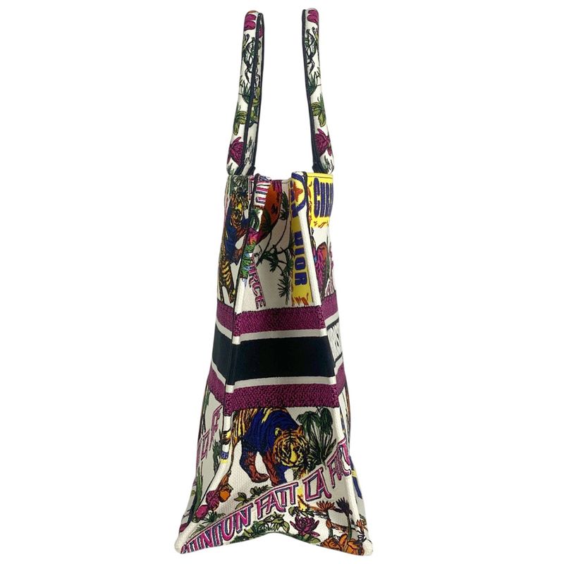 Christian DIOR Book Tote Large Logo Flower Elephant Pattern Tote Canvas White