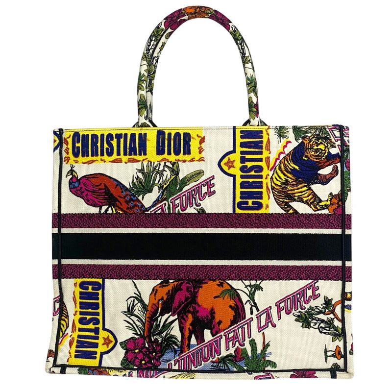 Christian DIOR Book Tote Large Logo Flower Elephant Pattern Tote Canvas White