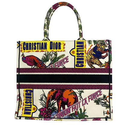 Christian DIOR Book Tote Large Logo Flower Elephant Pattern Tote Canvas White