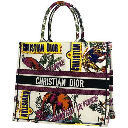 Christian DIOR Book Tote Large Logo Flower Elephant Pattern Tote Canvas White
