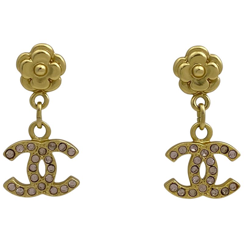 Chanel Camellia Rhinestone Earrings Coco Mark Swing Earrings GP Gold Ladies
