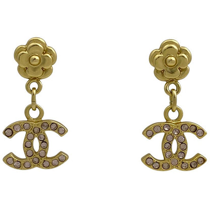 Chanel Camellia Rhinestone Earrings Coco Mark Swing Earrings GP Gold Ladies