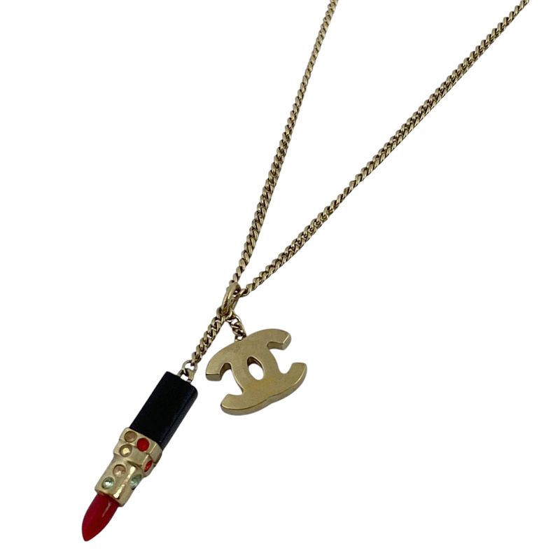 Chanel Coco Mark Rhinestone Necklace Swing Lip Necklace GP Gold Ladies