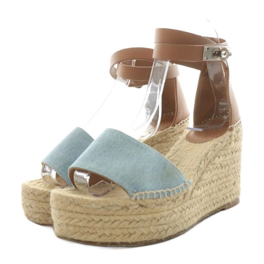 Hermes Tipoli Sandals Wedge Sole Strap Espadrilles Leather 35 Beige Brown Light