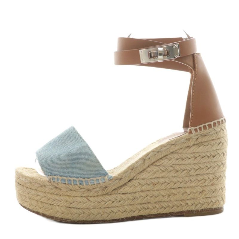 Hermes Tipoli Sandals Wedge Sole Strap Espadrilles Leather 35 Beige Brown Light