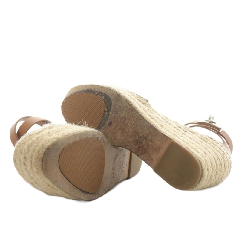 Hermes Tipoli Sandals Wedge Sole Strap Espadrilles Leather 35 Beige Brown Light