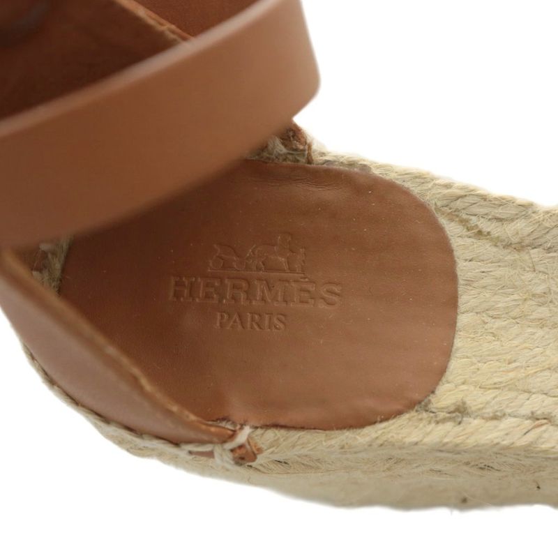 Hermes Tipoli Sandals Wedge Sole Strap Espadrilles Leather 35 Beige Brown Light