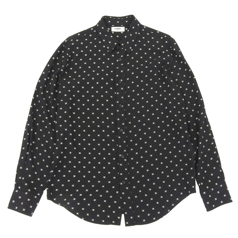 Celine Triomphe Patterned Viscose Long Sleeve Shirt Top Men's Black 38 2c813387z