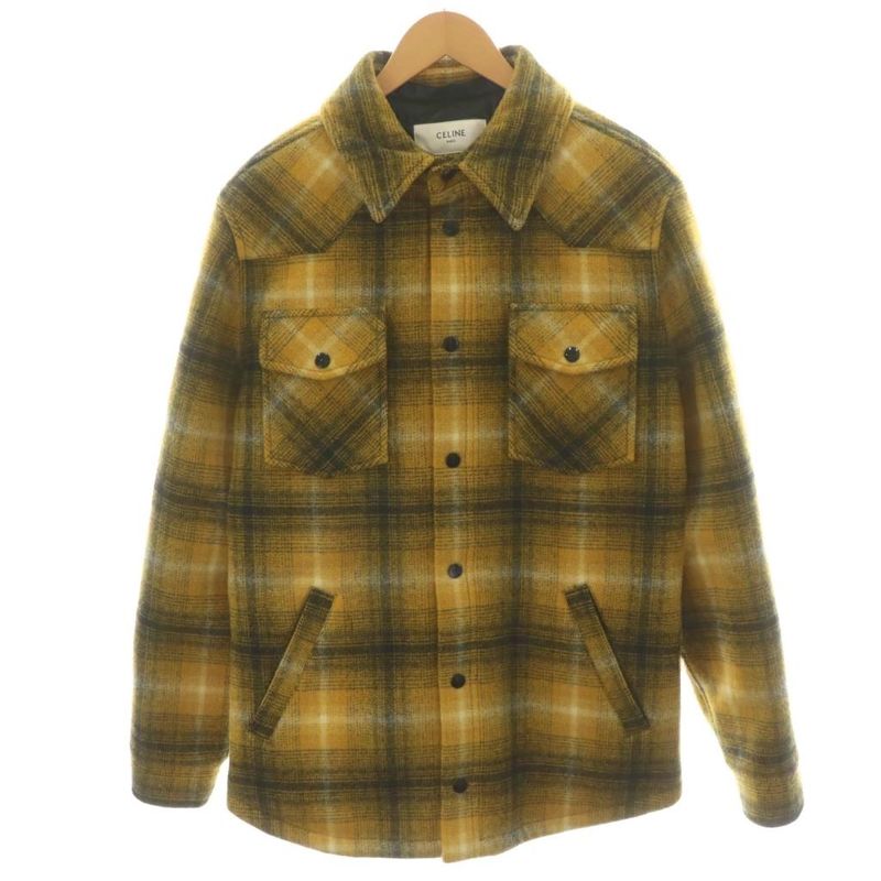 Celine 21AW Checked Quilted Shirt Jacket Blouson Wool Outerwear 46 Yellow Black