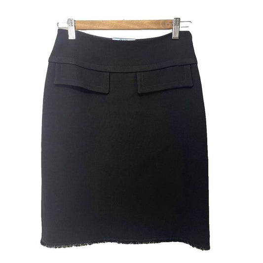 Prada Front Flap Tight Skirt Fringe Wool Knee Length 38 Black