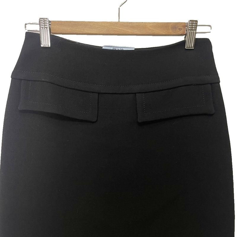Prada Front Flap Tight Skirt Fringe Wool Knee Length 38 Black