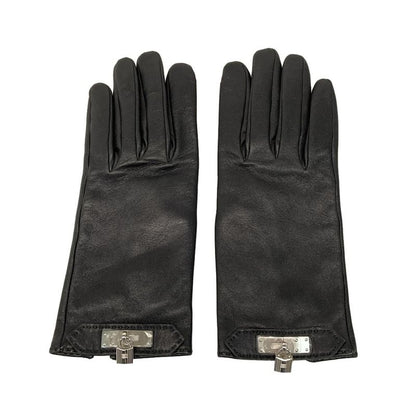 Hermes Gloves 7 1/2 Ladies Black Silver Hardware / Kelly Charm Lambskin