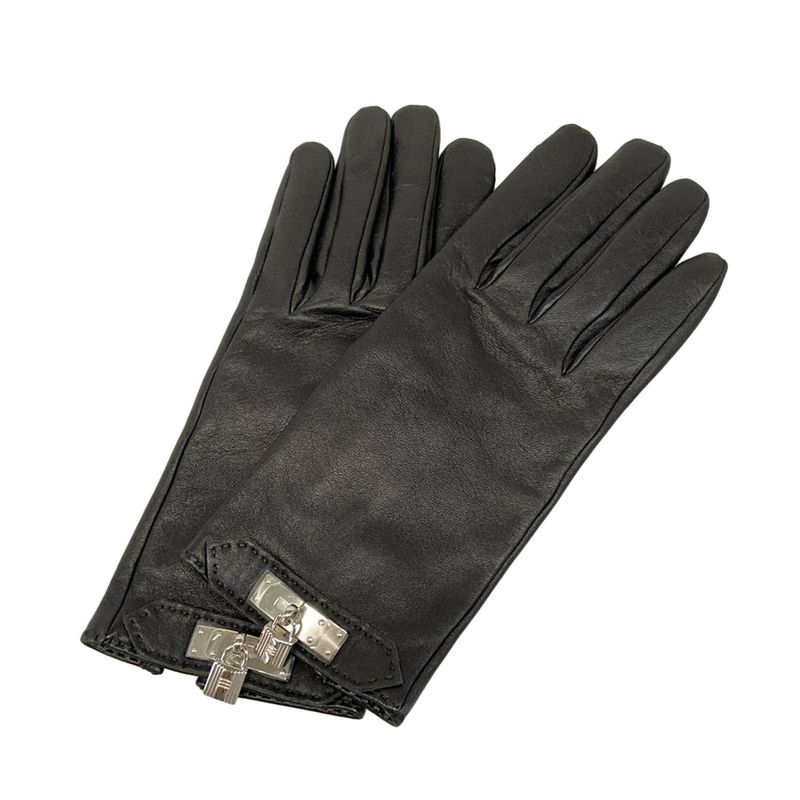 Hermes Gloves 7 1/2 Ladies Black Silver Hardware / Kelly Charm Lambskin