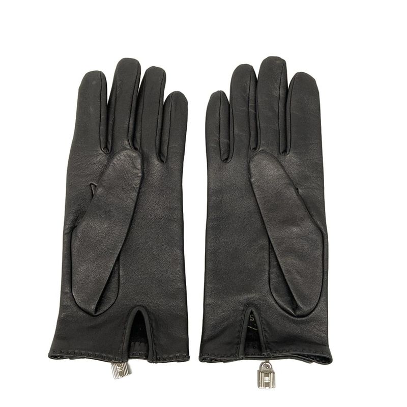 Hermes Gloves 7 1/2 Ladies Black Silver Hardware / Kelly Charm Lambskin
