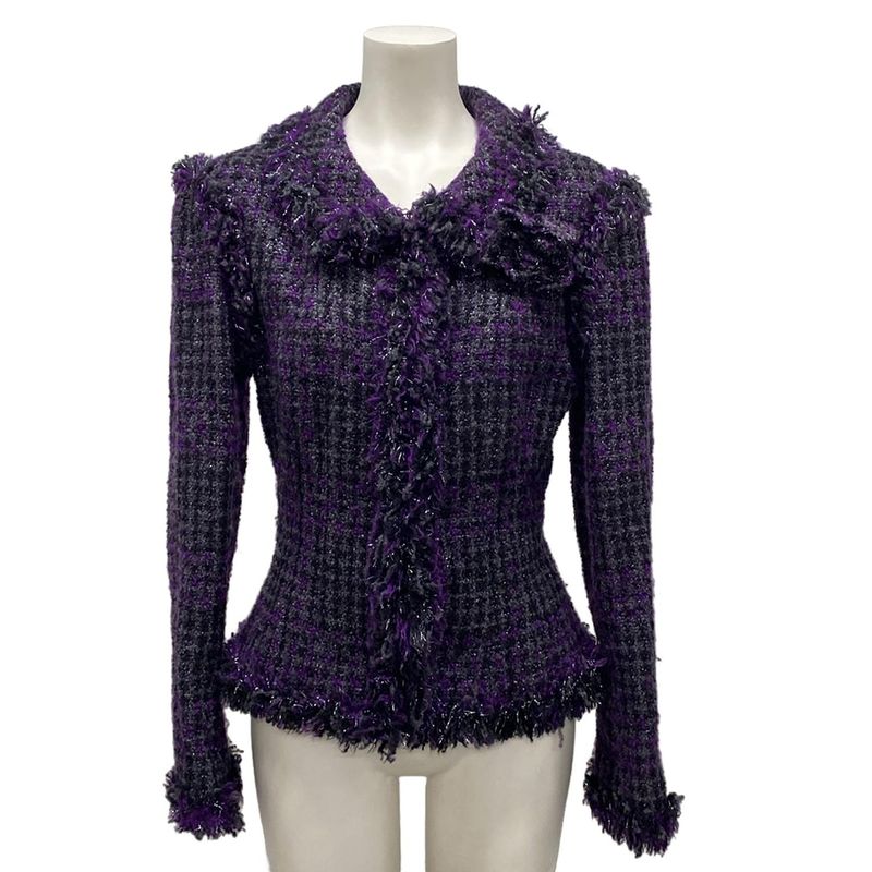 Chanel Skirt Suit Size 38 M Women's P22333 Dark Gray/purple/black Lame/tweed