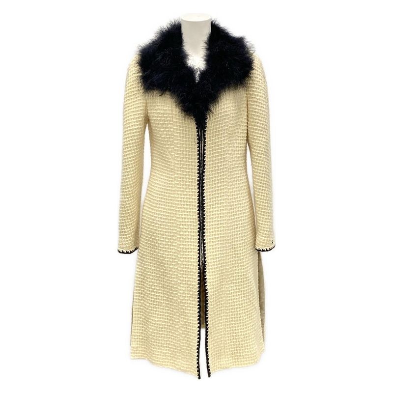Chanel Coat Size 40 M Women - P16680 Ivory And Black Long Length/fur/zip
