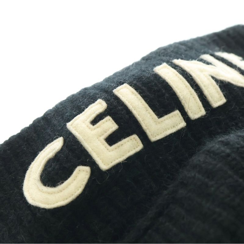 Celine Knit Skumask Logo Embroidery Logo Applique Balaclava Beanie Black