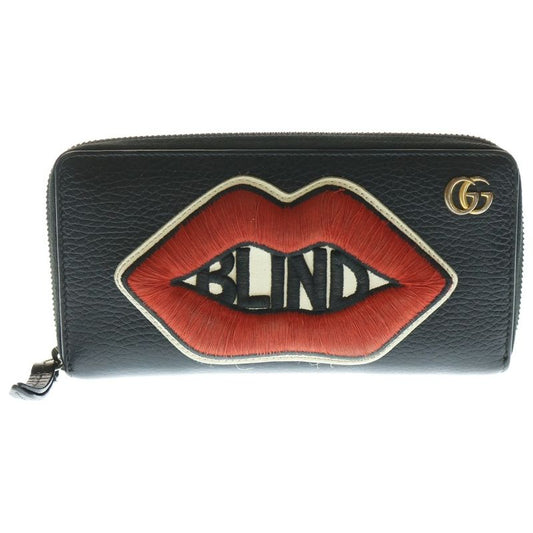 Gucci Embroidery GG Marmont Round Zipper Long Wallet Black 474584