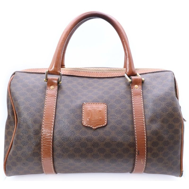 Celine Logo Leather Macadam Mini Boston Handbag Brown