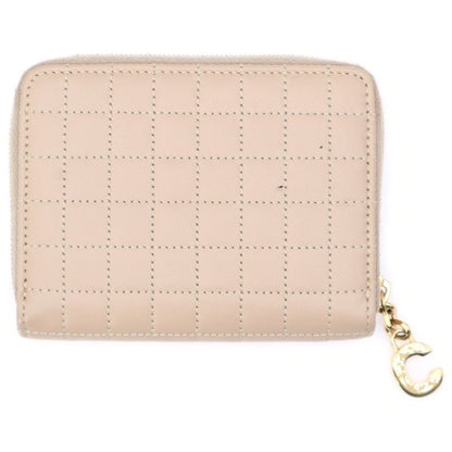 Celine Quilted Gold Ccharm Leather Compact Wallet Beige S-ie-4188