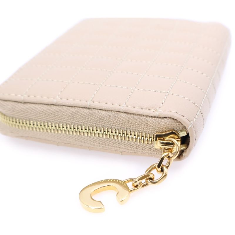 Celine Quilted Gold Ccharm Leather Compact Wallet Beige S-ie-4188
