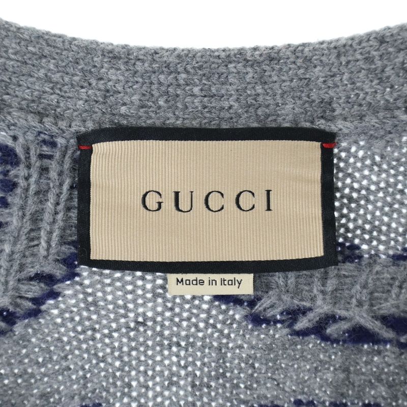 Gucci Jumbo Logo Intarsia Cardigan Long-sleeved Cardigan In Wool Grey/navy