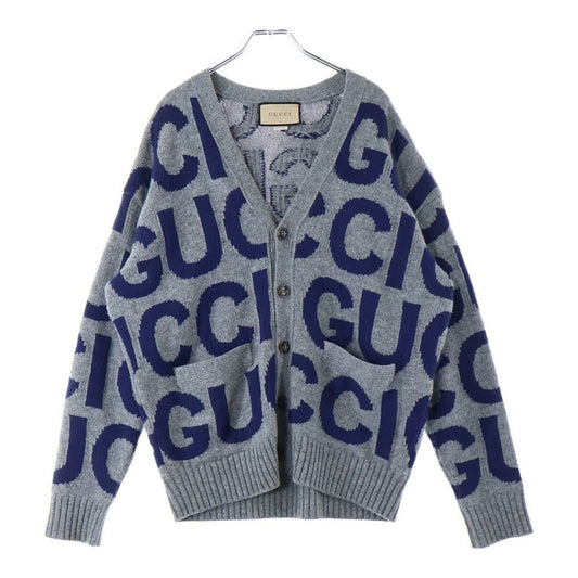 Gucci Jumbo Logo Intarsia Cardigan Long-sleeved Cardigan In Wool Grey/navy